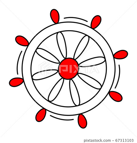Vector drawing of the ship steering wheel in red and white. The ship rudder is isolated on white. 67313103