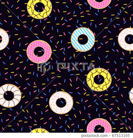 Seamless pattern of doughnuts with colored icing. Trendy beautiful donuts Black background 67313105