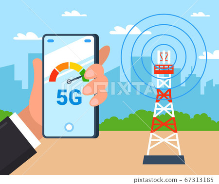 Internet tower distributes 5G Internet. Checking the speed of the Internet on a smartphone. flat vector illustration. 67313185