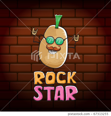 vector funny cartoon cute brown punk rock star potato character with Iroquois isolated on brick wall background. ROck star vector concept print. rock n rock hipster vegetable funky character 67313255
