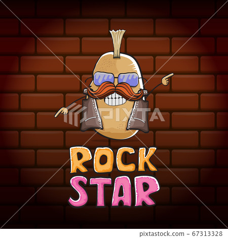 vector funny cartoon cute brown punk rock star potato character with Iroquois isolated on brick wall background. ROck star vector concept print. rock n rock hipster vegetable funky character 67313328