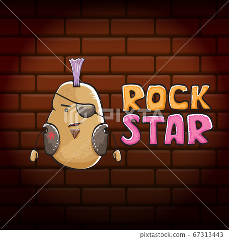 vector funny cartoon cute brown punk rock star potato character with Iroquois isolated on brick wall background. ROck star vector concept print. rock n rock hipster vegetable funky character 67313443