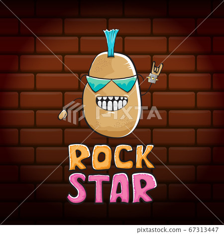 vector funny cartoon cute brown punk rock star potato character with Iroquois isolated on brick wall background. ROck star vector concept print. rock n rock hipster vegetable funky character 67313447