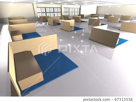 3DCG image of evacuation shelter with measures against infectious diseases such as new coronavirus 67313556