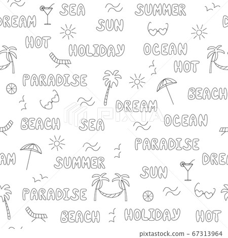 Seamless pattern summer concept. Words summer Paradise ocean Sea Vacation Beach. Contour drawings of palm trees, seagulls, deckchair parasol the sun Seamless pattern summer concept. Words summer Paradise ocean Sea Vacation Beach. Contour drawings of palm trees, seagulls, deckchair parasol the sun 67313964