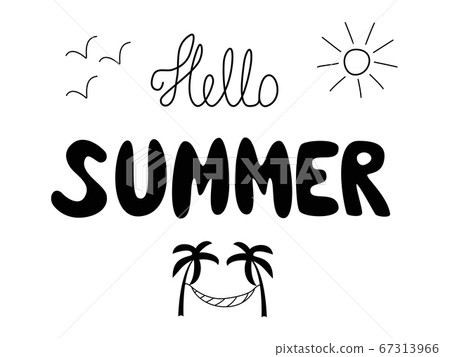Handwritten lettering Hello summer inscription. Hand drawn words for Notepad prints. Change of seasons. Drawings of sun gulls palm tree and hammock. Vector illustration. Handwritten lettering Hello summer inscription. Hand drawn words for Notepad prints. Change of seasons. Drawings of sun gulls palm tree and hammock. Vector illustration. 67313966