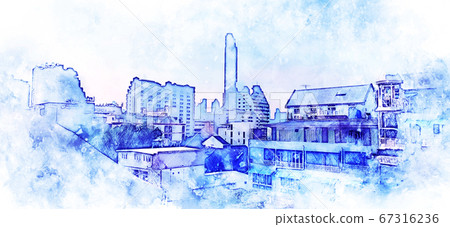 Abstract beautiful colorful offices building in capital on watercolor painting background. City on Digital illustration brush to art. Abstract beautiful colorful offices building in capital on watercolor painting background. City on Digital illustration brush to art. 67316236