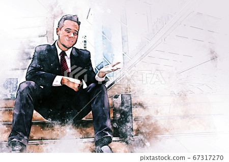 Abstract happiness business man looking smart and sitting on walking street on watercolor illustration painting background. Abstract happiness business man looking smart and sitting on walking street on watercolor illustration painting background. 67317270