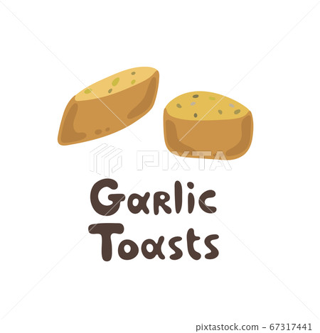 Garlic toasts vector clipart stock illustration. Cute yummy garlic bread for appetizer. Food ingredients, crispy product appetizer dish, fastfood takeaway. Delicious sesame snacks simple picture 67317441
