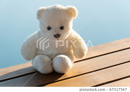 angry white bear doll sitting on terrace 67317567