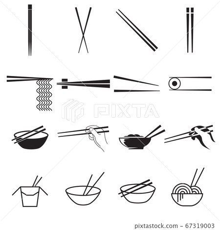 Chopsticks icons. Collection of black symbols isolated on a white background. Vector illustration 67319003