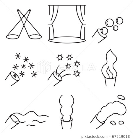 Linear icon set related to the stage special effects, such as light, generators of smoke, fog, foam, snow, flame, bubbles, confetti. Vector illustration Linear icon set related to the stage special effects, such as light, generators of smoke, fog, foam, snow, flame, bubbles, confetti. Vector illustration 67319018