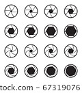 Set of black camera lens aperture icons isolated on a white background. Two ranges of various aperture sizes. Vector illustration 67319076