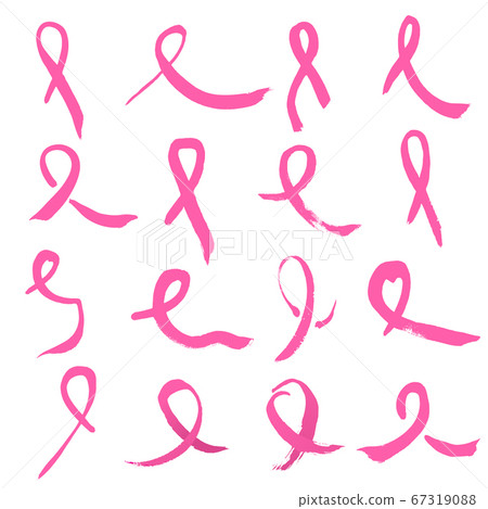 Symbols of breast cancer awareness. Collection of sixteen hand drawn pink ribbon signs isolated on a white background. A vector illustration Symbols of breast cancer awareness. Collection of sixteen hand drawn pink ribbon signs isolated on a white background. A vector illustration 67319088