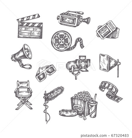 Vector sketches of cinema. Hand drawings on a white background. Entertainment arts handdrawn decorative icons set 67320483