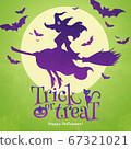 Trick or Treat banner with a pretty witch flies on a broomstick against a full moon green  background. 67321021
