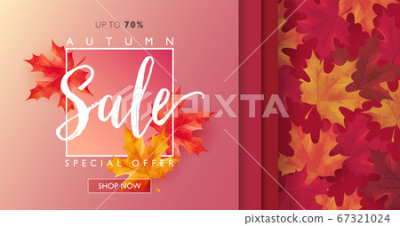Autumn sale discount marketing design template. Hello autumn banner concept. Maple red theme design on gradient background. 67321024