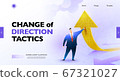 Change of a direction concept banner. Businessman standing to change the arrow sign's direction upward. 67321027
