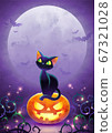 Happy Halloween invitation. Holiday trick or treat poster. Cartoon black cat face pumpkin bat and spider on the full moon background. 67321028