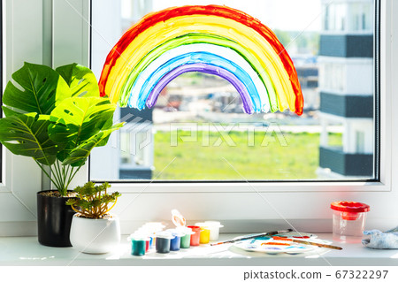 Rainbow on window during quarantine at home. Thank You Rainbow on window during quarantine at home. Thank You 67322297