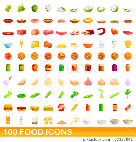 100 food icons set, cartoon style 67323041
