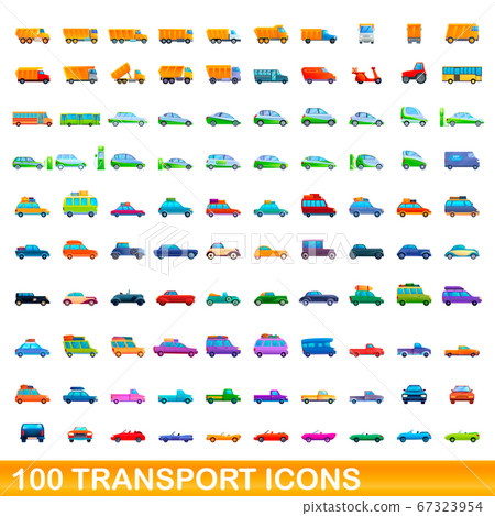 100 transport icons set, cartoon style 67323954