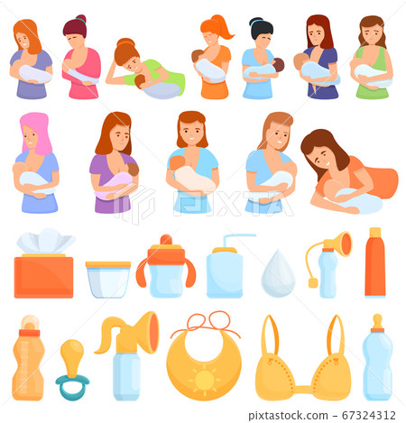 Breast-feeding icons set, cartoon style Breast-feeding icons set, cartoon style 67324312