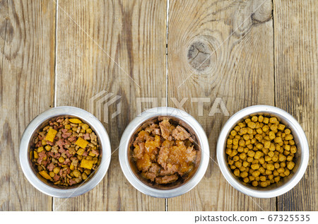 Metal bowls with different pet foods. Photo 67325535
