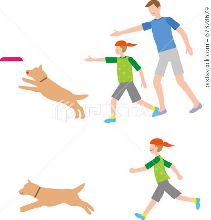 Dog and parent and child playing with flying disc Dog and parent and child playing with flying disc 67328679