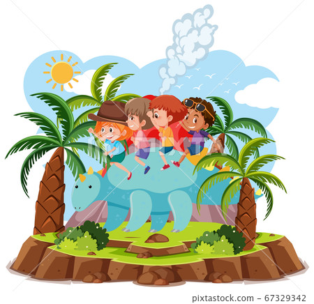 Kids ride cute dinosaur with volcano eruption Kids ride cute dinosaur with volcano eruption 67329342