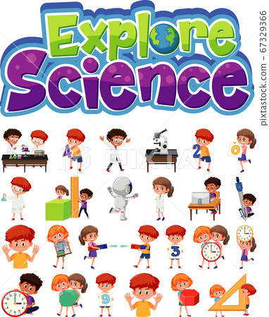 Explore science logo and set of children with - Stock Illustration ...