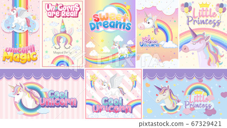 Cute unicorn banner on pastel background color Cute unicorn banner on pastel background color 67329421