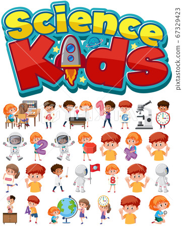 Science kids logo and set of children with Science kids logo and set of children with 67329423