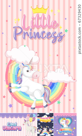Cute unicorn banner on pastel background color Cute unicorn banner on pastel background color 67329430