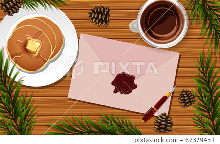 Letter close up on desk background with pancake Letter close up on desk background with pancake 67329431