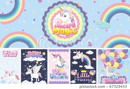 Cute unicorn banner on pastel background color Cute unicorn banner on pastel background color 67329433