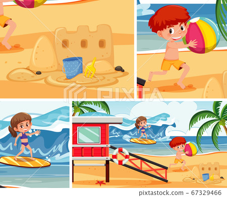 Summer beach with children background set Summer beach with children background set 67329466