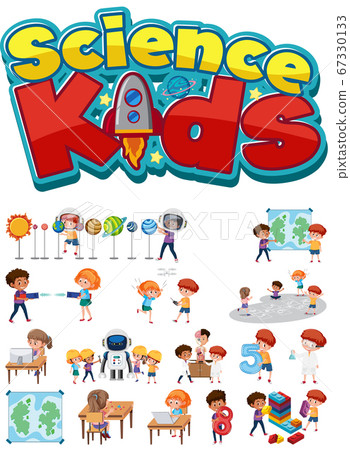 Science kids logo and set of children with Science kids logo and set of children with 67330133
