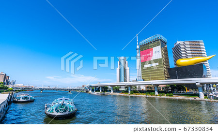 Tokyo cityscape of Japan Overlooking the water bus, Himiko, firefly, limited express etc. (in the back is the new famous place, Sumida River Walk) 67330834