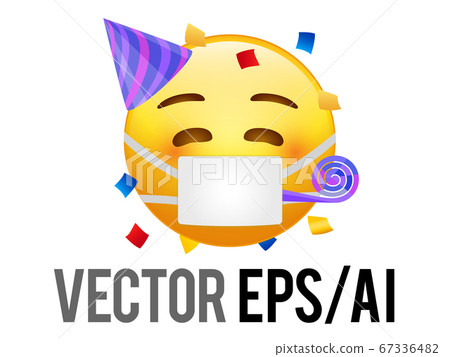 vector yellow kissing mouth icon with red cheek face, party hat, confetti and mask 67336482