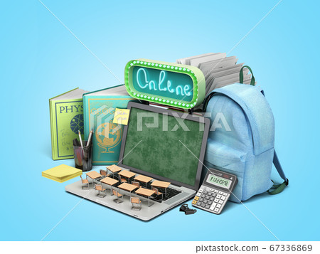 online education concept Blue backpack with school online education concept Blue backpack with school 67336869
