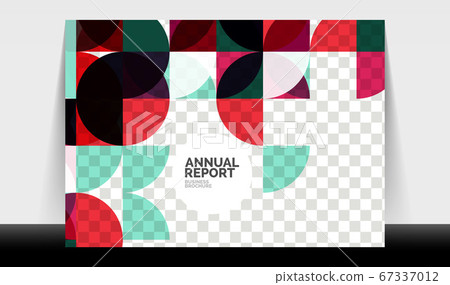 Horizontal A4 business flyer annual report template, circles and triangle style shapes modern geometric design for brochure layout, magazine or booklet 67337012