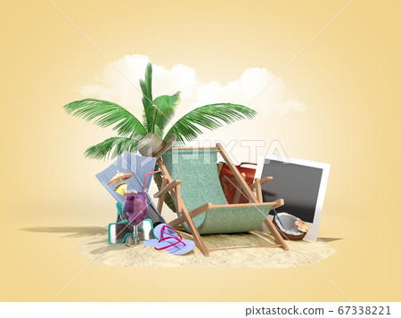 Concept of travel and tourism lounger in the sand Concept of travel and tourism lounger in the sand 67338221