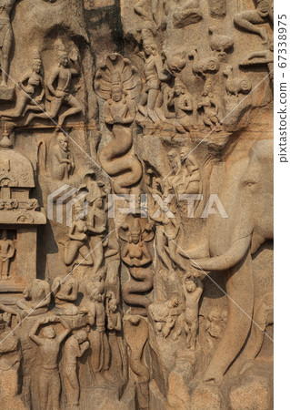 印度世界遺產Mahabalipuram Arjuna對世界上最大的恒河巨型雕塑救濟的Pen悔懲罰 67338975