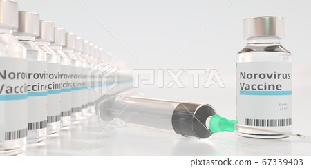 Medical bottles with norovirus vaccine and syringe, 3D rendering 67339403