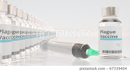 Medical bottles with plague vaccine and syringe, 3D rendering Medical bottles with plague vaccine and syringe, 3D rendering 67339404