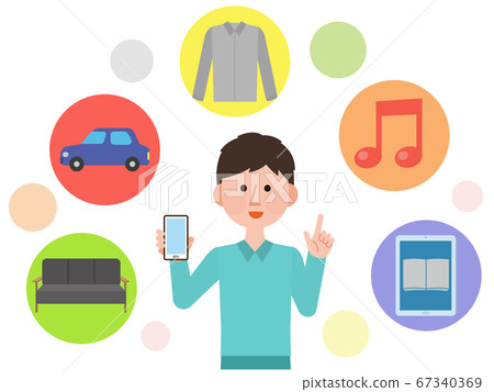 Illustration of a man using various subscriptions Illustration of a man using various subscriptions 67340369