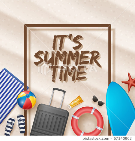 Vector Summer Holiday Illustration with Beach Ball, Palm Leaves, Surf Board and Typography Letter on Beach Sands Background. Vector Summer Holiday Illustration with Beach Ball, Palm Leaves, Surf Board and Typography Letter on Beach Sands Background. 67340902