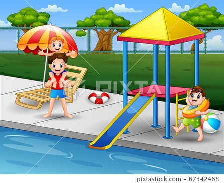 Happy boys playing on pool edge in backyard 67342468