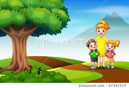 Happy Children Go To School With Their Mother Stock Illustration